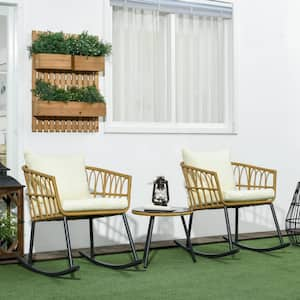 3-Piece Wicker Round Outdoor Dining Set with Cream White Cushions