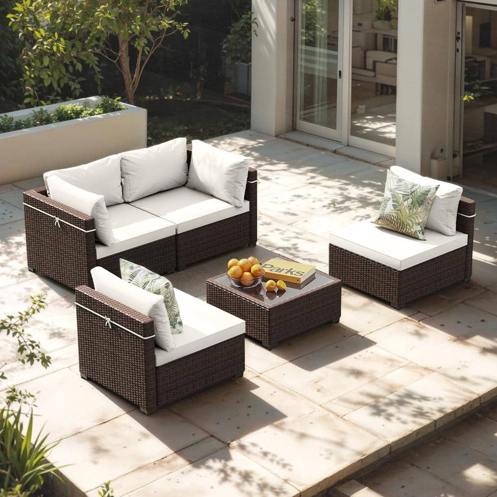 5-Piece Brown Wicker Sectional Seating Group with Coffee Table and White Cushions price history on PriceWatchPro