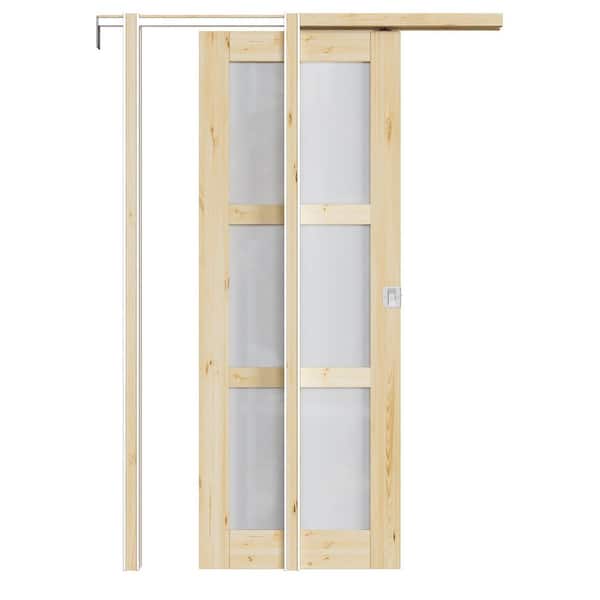 ARK DESIGN 32 in. x 80 in. 3-Lite Frosted Glass Unfinished Pine Wood Pocket Door with Hardware (Soft Close and Silver Lock Incl)