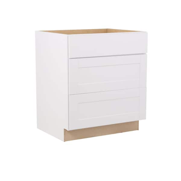 Shaker 30 in. W x 24 in. D x 34.5 in. H Assembled 3-Drawer Base Cabinet in Satin White