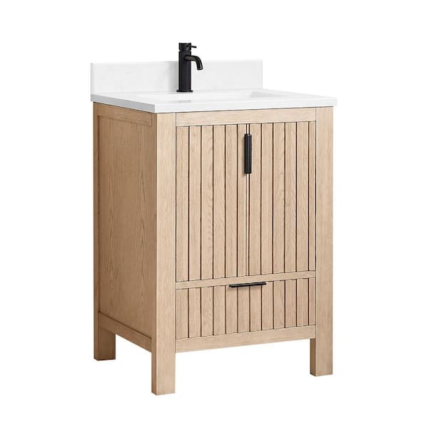 Shenzhen 24 in. W x 22 in. D x 34 in. H Single Bath Vanity in Aged Natural Oak with White Engineered  Stone Top