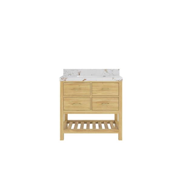 Willow Collections Parker Teak 36 in. Single Sink Freestanding Light Natural Bath Vanity with Viola Gold Quartz Top Unassembled