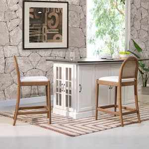 Panama 26.5 in. Ivory White Boucle Modern Curved Mid Back Cane Rattan Kitchen Counter Height Bar Stool Set of 2