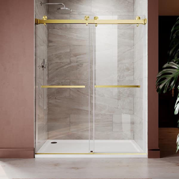 UNIKOO UKD01 56 to 60 in. W. x 76 in. H Double Sliding Frameless Shower Door in Satin Brass, Enduro Shield 3/8 in. Clear Glass