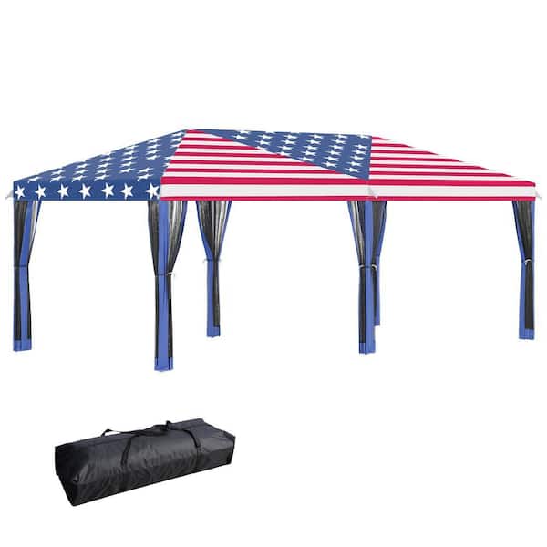 10 ft. x 20 ft. Blue Outdoor Pop-Up Heavy-Duty Canopy Tent with Netting, Carry Bag, American Flag Pattern