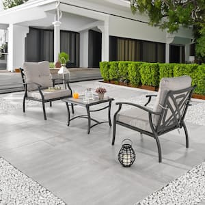 3-Piece Metal Patio Conversation Deep Seating Set with Light Gray Cushions