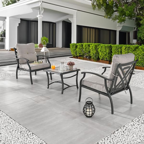 3-Piece Metal Patio Conversation Deep Seating Set with Light Gray Cushions