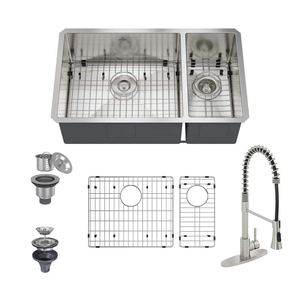 32" Satin Stainless Steel Undermount Double Bowl Kitchen Sink with Faucet