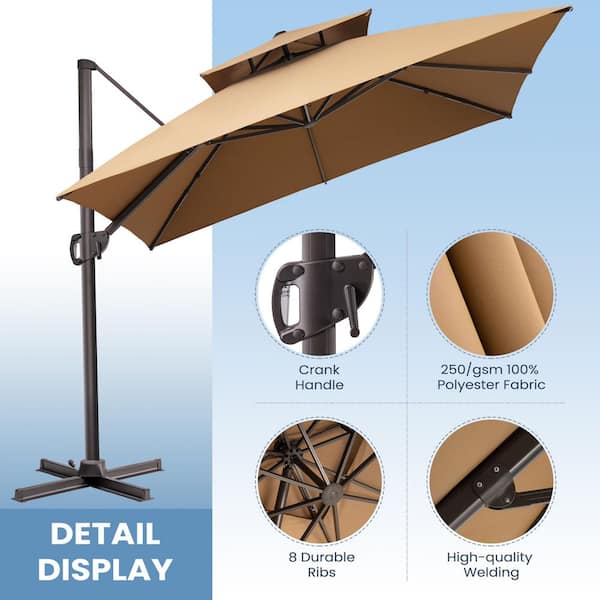 10 ft. x 10 ft. Patio Cantilever Umbrella with 350 lb. Wheeled Base 360 ° Rotation Outdoor Offset Umbrella in Tan Brown