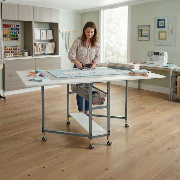 Sewing 60 in. W x 36 in. D MDF Folding Fabric Cutting Table with Drawers, Adjustable Height, Silver / White
