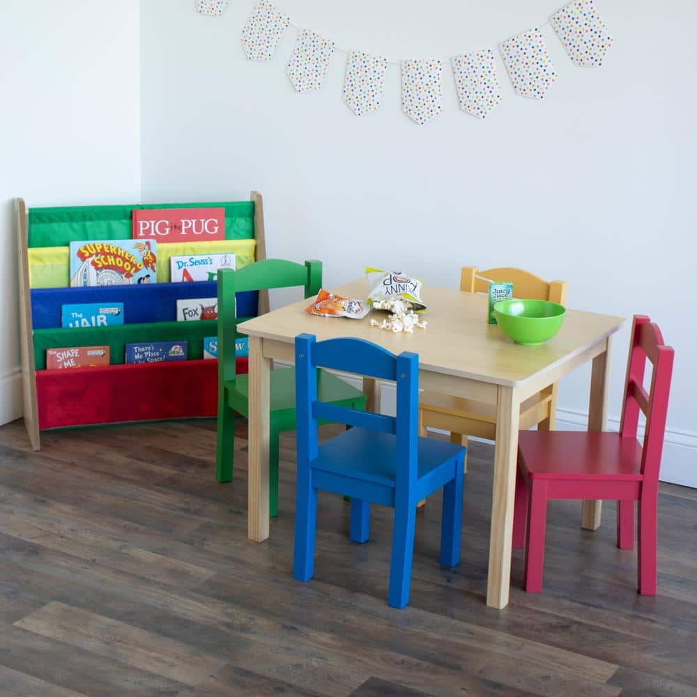 Natural Wood Kids Table with Multicolor Chairs Set