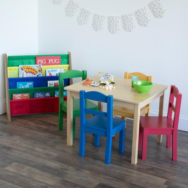 Kids 5 Piece Wood Table and Chair Set, Primary Colors