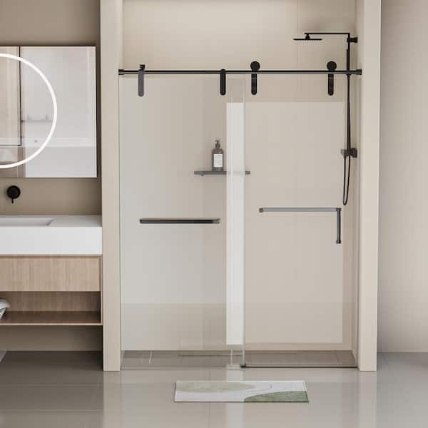 ANGELES HOME 56 in. - 60 in. W x 76 in. H Single Sliding Frameless Shower Door 5/16 in. (8 mm) Clear Tempered Glass, Matte Black
