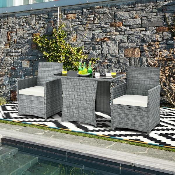 Kadehome 3-Piece Wicker Patio Conversation Set with White Cushions