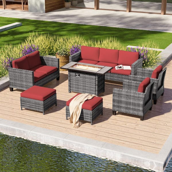 Sonkuki 7-Pieces Patio Conversation Set with Rectangle Fire Pit Table and Loveseat Sofa, Gray Wicker with Rust Red Cushions