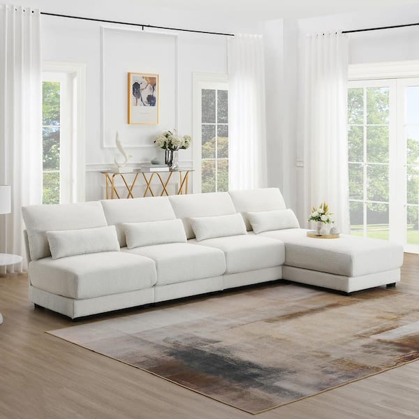 Harper & Bright Designs 120 in. Armless 5 Seat L-Shape Loop Yarn Fabric Sectional Sofa in. Cream with Reversible Chaise, 4 Pillows