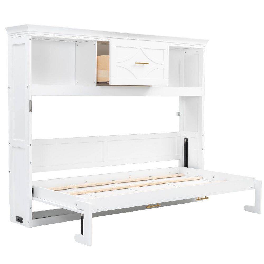Brown Wood Frame Twin Murphy Bed with Charging Station and Drawer - thumbnail 2