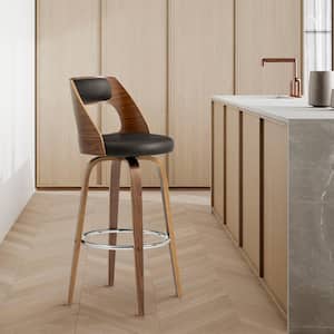 Axel 30 in. Bar Height High Back Swivel Bar Stool in Brown Faux Leather and Walnut Wood