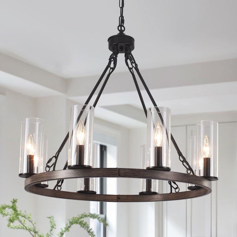 8-Light Black and Imitation Wood Grain Candle Style Wagon Wheel Chandelier Farmhouse Pendant Light withClear Glass Shade price history on PriceWatchPro