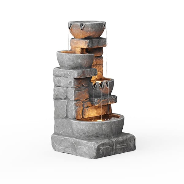 Teamson Home Outdoor Zen Garden 33 in. Stone-Texture Polyresin Cascading Waterfall Fountain with LED Lights