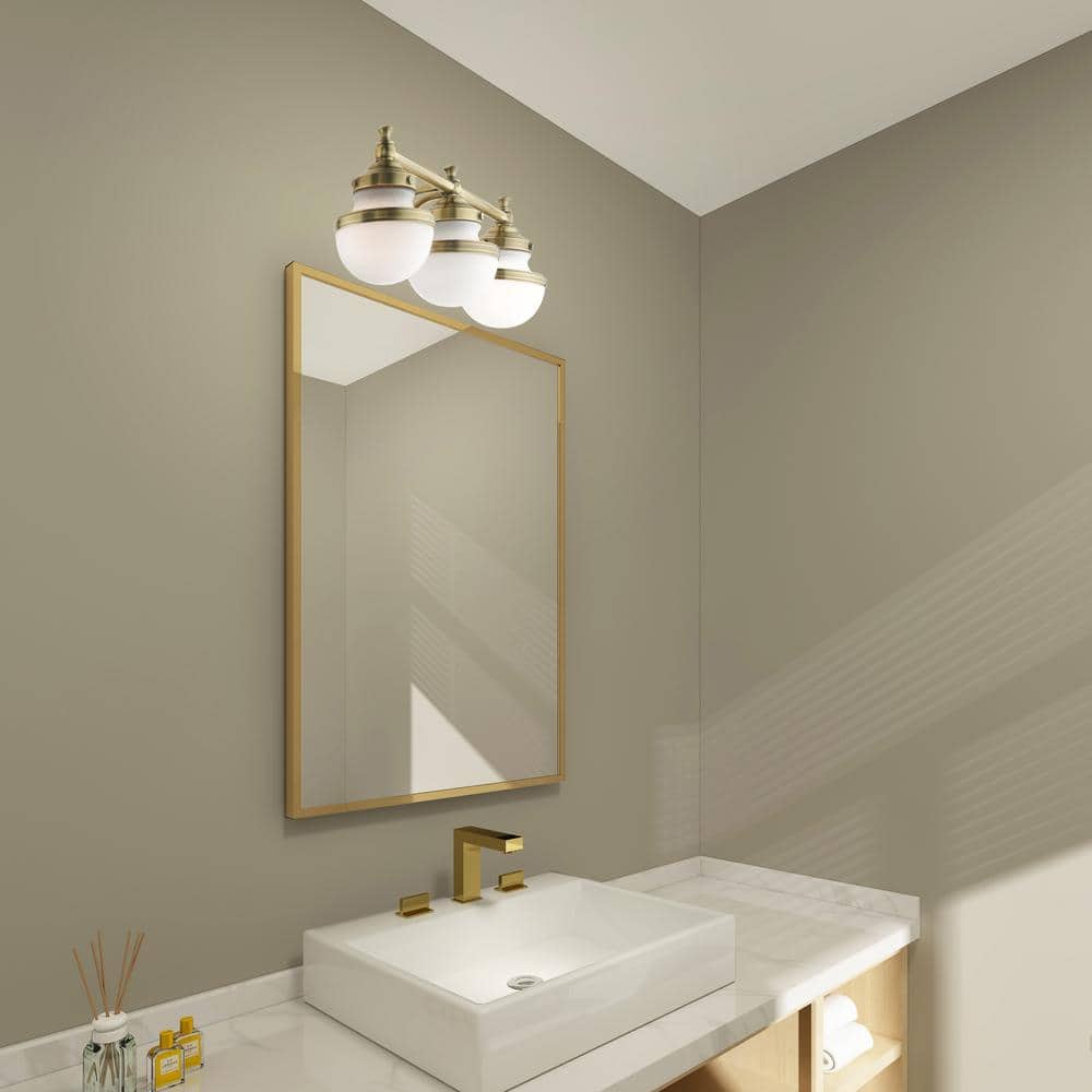 Antique Brass 3-Light Vanity with Hand Blown Satin Opal White Glass
