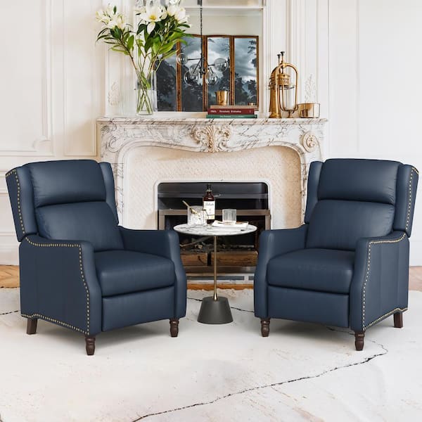 Lange 28 in. W Navy Genuine Leather Nailhead Trim Recliner Chair Arm Chair with Wooden Legs (Set of 2)
