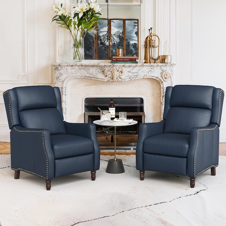 cozyman Lange 28 in. W Navy Genuine Leather Nailhead Trim Recliner Chair Arm Chair with Wooden Legs (Set of 2)