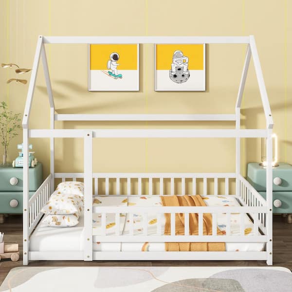 Brooke White Full Size House Floor Platform Bed, Kids Bed with Roof Frame, Safety Guardrails