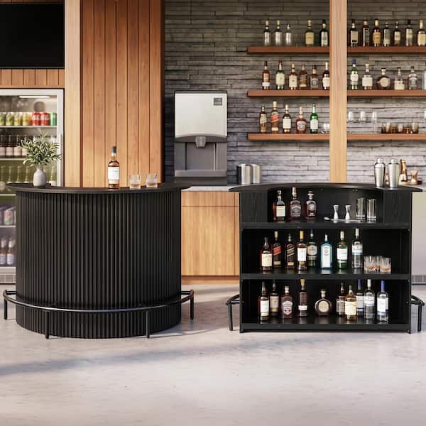 Black 37.4 in. H Arc-Shaped Bar Table Seats 3 Modern 4-Tier Counter Height Pub with Metal Footrest for Home, Only Table