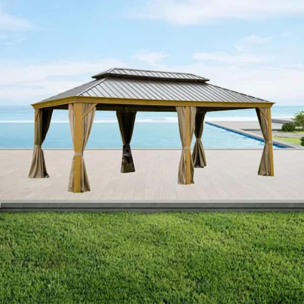 12 ft. x 18 ft. Yellow Brown Aluminum Hardtop Gazebos with Galvanized Steel Double Roof with Curtains and Netting