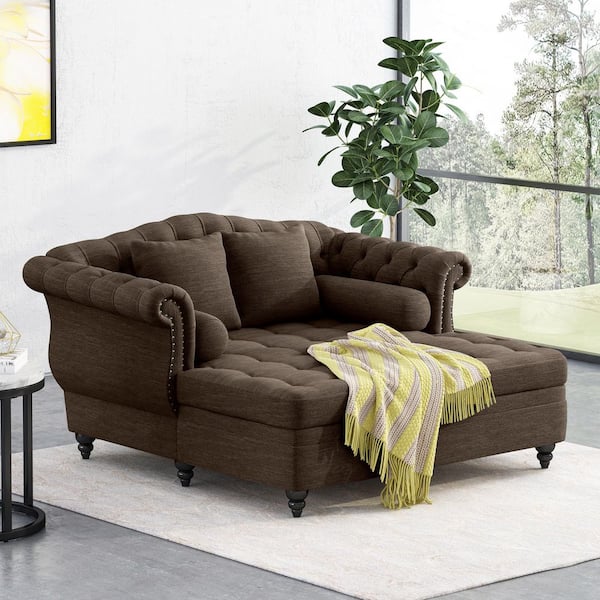 Sonne Brown Fabric Upholstery Loveseat Tufted Double Chaise Lounge with Accent Pillows