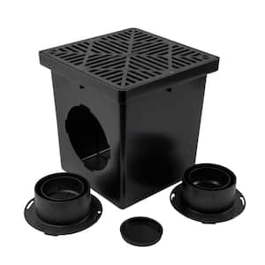 12 in. Square Catch Basin Drain Kit 2-Opening Basin, Black Plastic Grate, 2 Outlet Adapters and 1 Outlet Plug (4-Pack)
