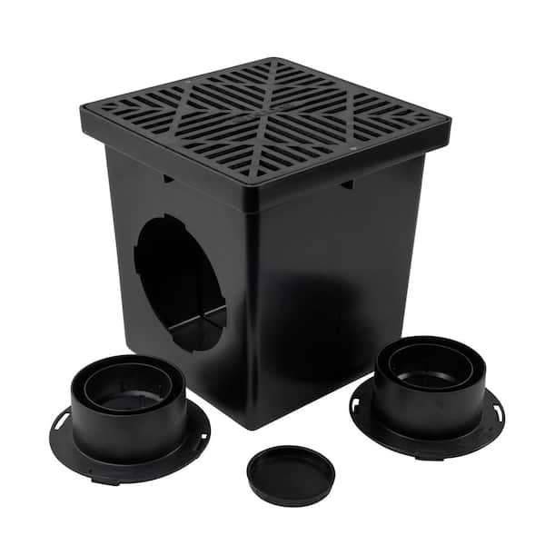 NDS 12 in. Square Catch Basin Drain Kit 2-Opening Basin, Black Plastic Grate, 2 Outlet Adapters and 1 Outlet Plug (4-Pack)