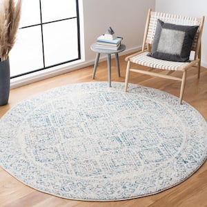 Tulum Ivory/Turquoise 7 ft. x 7 ft. Round Geometric Diamonds Border Area Rug