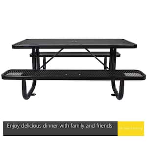 6 ft. Black Rectangular Outdoor Steel Picnic Table Outdoor Dining Table with Umbrella Pole