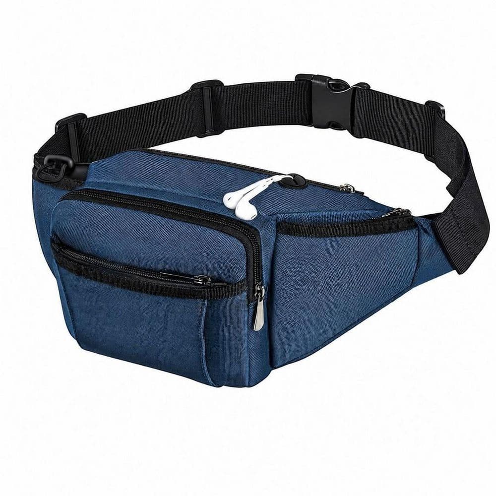 Multi-Pocket 6.3 in. Blue Fanny Pack with Water Bottle Holder, Adjustable Strap for Hiking, Running, Cycling, Travel