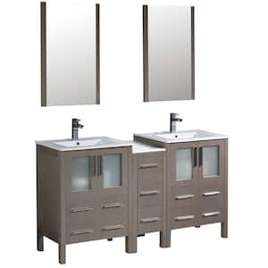 Torino 60 in. Double Vanity in Gray Oak with Ceramic Vanity Top in White with White Basin and Mirrors