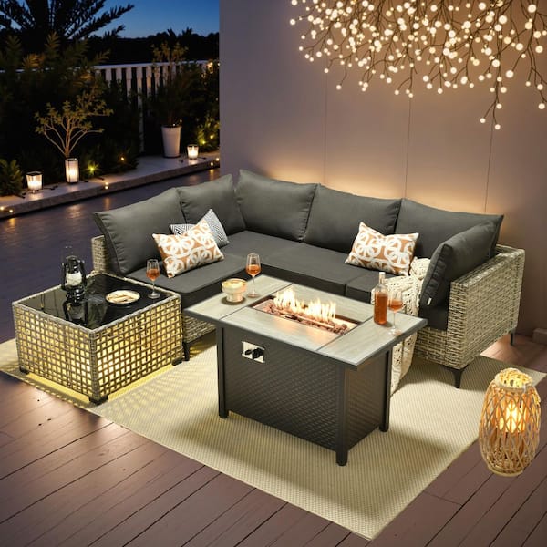 Coralia Gray 6-Piece Wicker Outdoor Sectional Set with Fire Pit, Black Cushion and Lighted Coffee Table for Patio