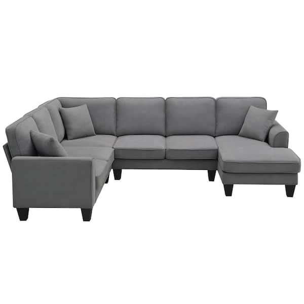 sumyeg 108 in. U Shape 7-Seat Polyester Sectional Sofa in Dark Gray with 3-Pillows