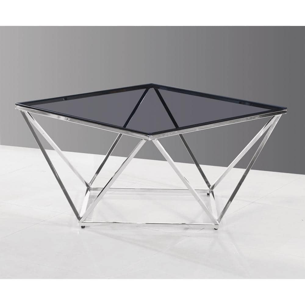 31.5" Smoked Glass and Silver Stainless Steel Square Coffee Table