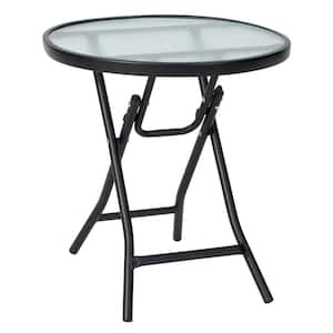 Patio Folding Round Glass Outdoor Side Table Bistro Coffee Table Plant Stand