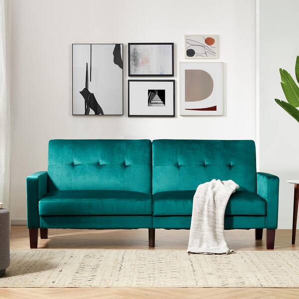 Teal Green Velvet Fabric 2, Convertible Twin Couch Bed Platform