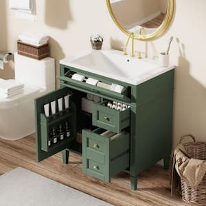 30 in. W x 18 in. D x 33 in. H Single Sink Freestanding Bath Vanity in Green with White Resin Top and Storage