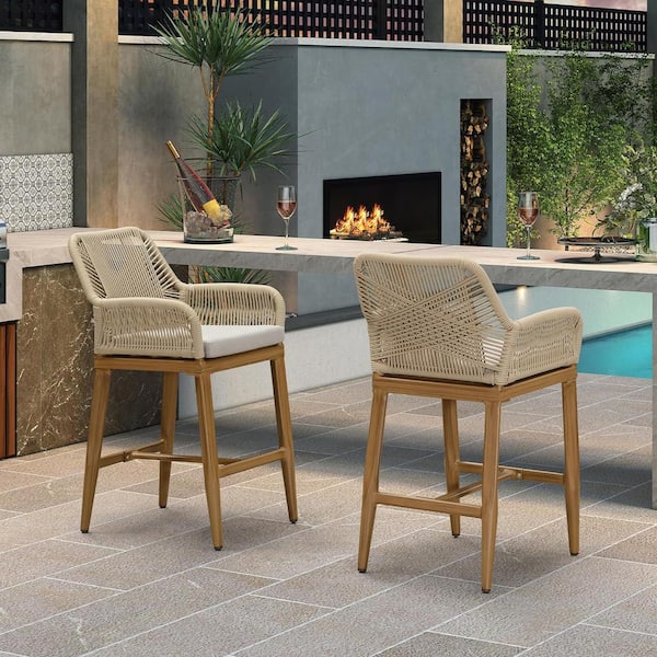PURPLE LEAF Modern Aluminum Rattan Counter Height Outdoor Bar Stool with Back and Beige Cushion (2-Pack)