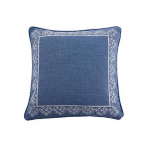 Apolonia Blue, White Floral Embroidered border 18 in. x 18 in. Throw Pillow