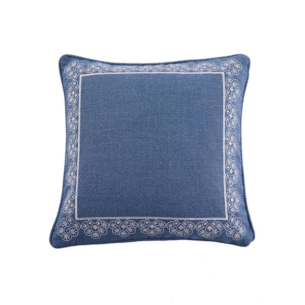 LEVTEX HOME Apolonia Blue, White Floral Embroidered border 18 in. x 18 in. Throw Pillow