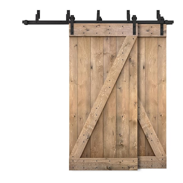 CALHOME 64 in. x 84 in. Z-Bar Bypass Light Brown Stained DIY Solid Wood Interior Double Sliding Barn Door with Hardware Kit