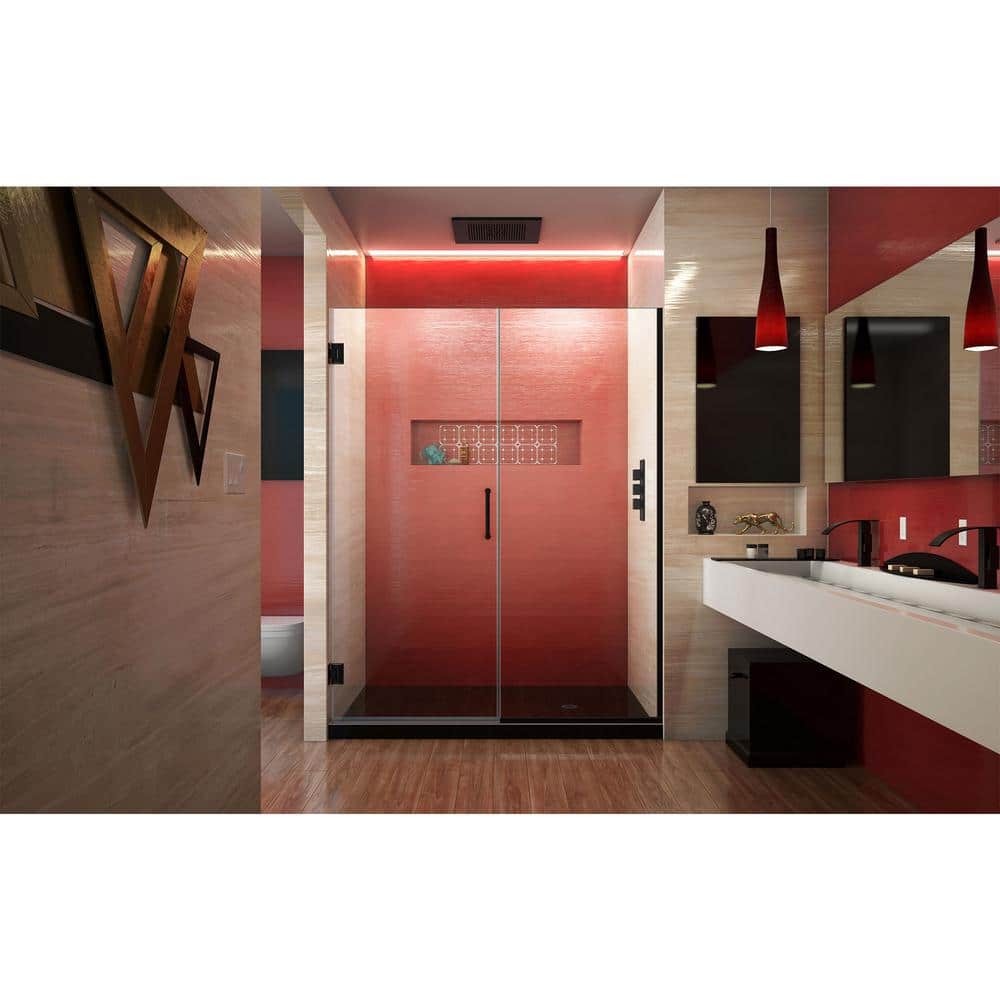 Unidoor Plus 61" Frameless Clear Glass Hinged Shower Door in Black