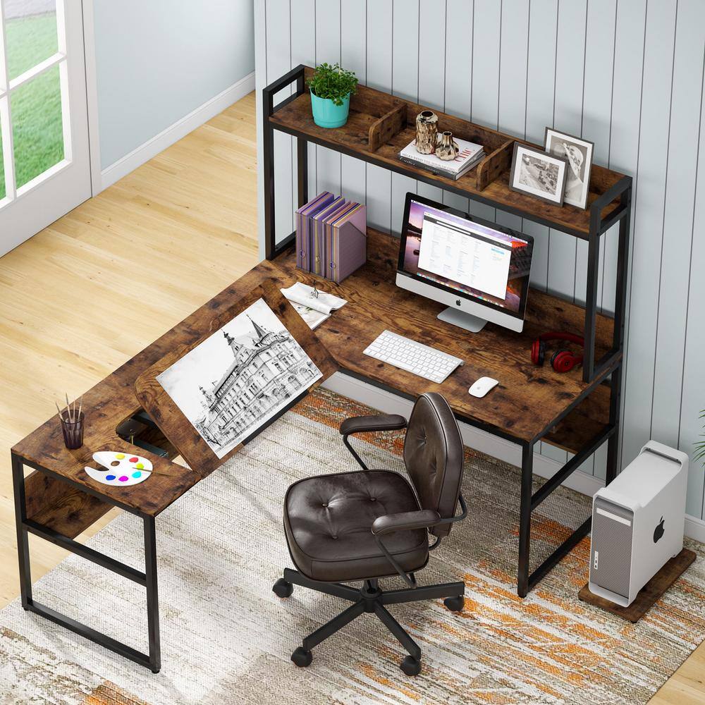 Buy Lanita 65 in. Wide LShaped Brown Wood Computer Desk with Hutch and