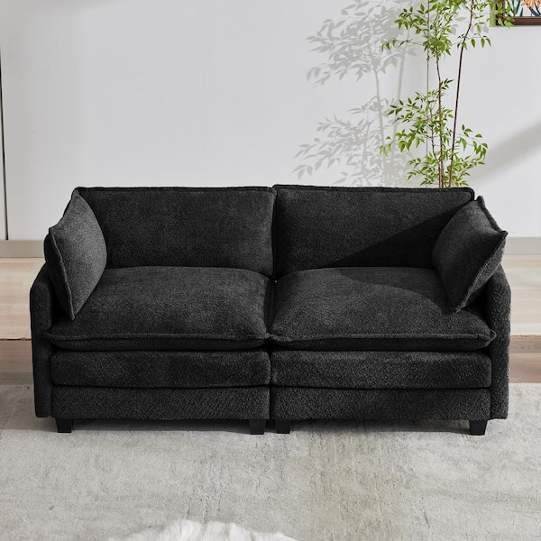 JEAREY Modern 76.77 in. Black Looped Velvet Loveseat with Two Pillows for Living